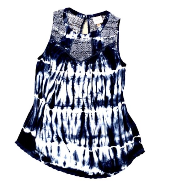Knox Rose Tie Dye Sleeveless Tank Top Crochet & Ladder Lace Sz M Blues 74F - Picture 5 of 9